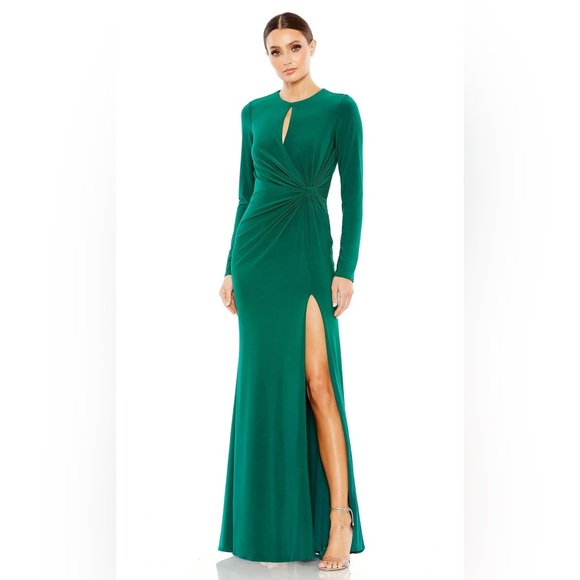 NEW Ieena for Mac Duggal Long Sleeve Keyhole Draped Gown Emerald Green 12 NWT - Picture 1 of 11